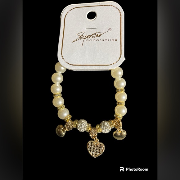 Superstar Jewelry - Superstar stretchy faux pearl bracelet with 3 heart charms new